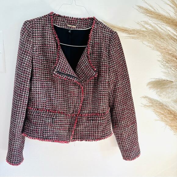 WHBM Pink Black Red Tweed Woven Peplum Ruffle Fringe Moto Zip Blazer Jacket 4 - Picture 15 of 15